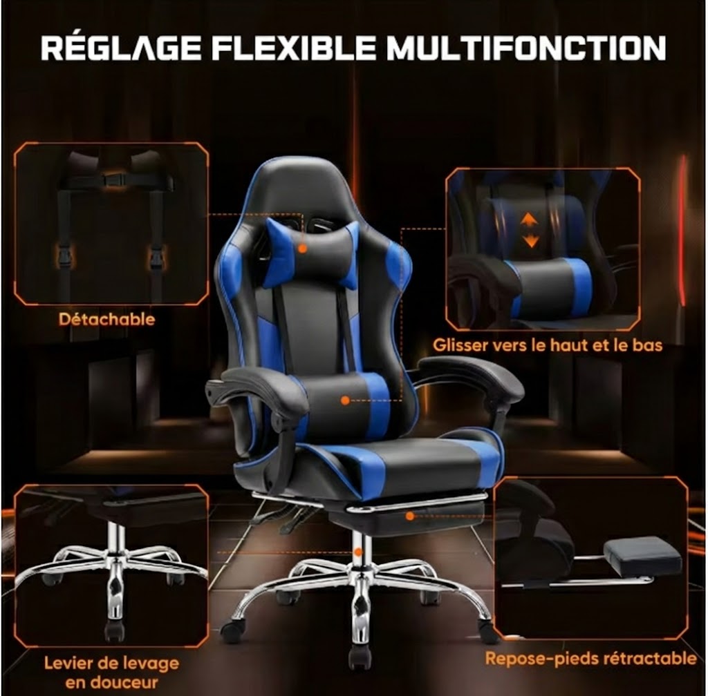 Chaise gaming ergonomique réglable en cuir