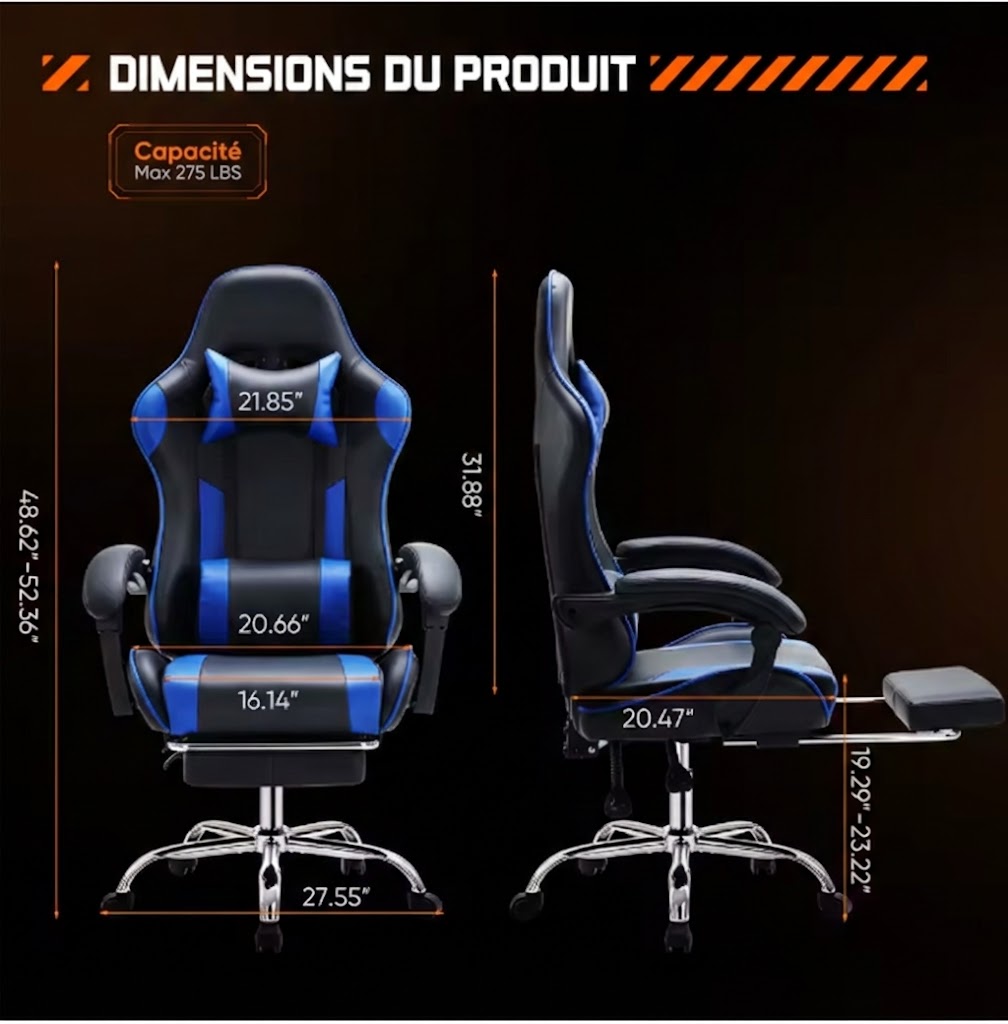 Chaise gaming ergonomique réglable en cuir
